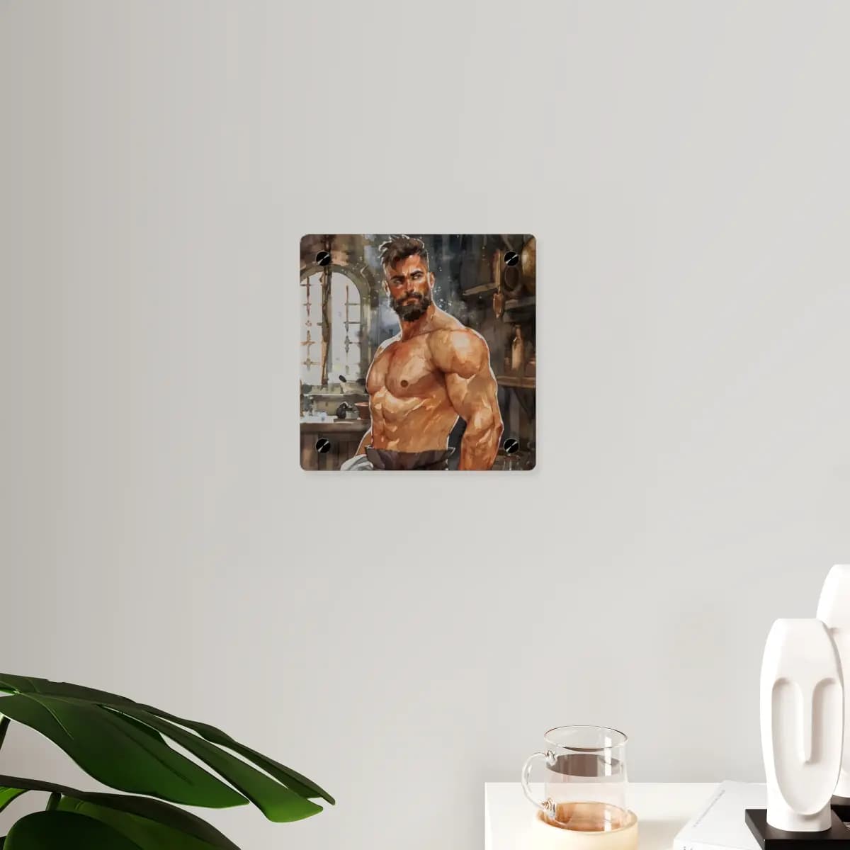 Muscular Bearded Man in a Medieval Workshop - Acrylic Wall Art Panels mockup angle 3
