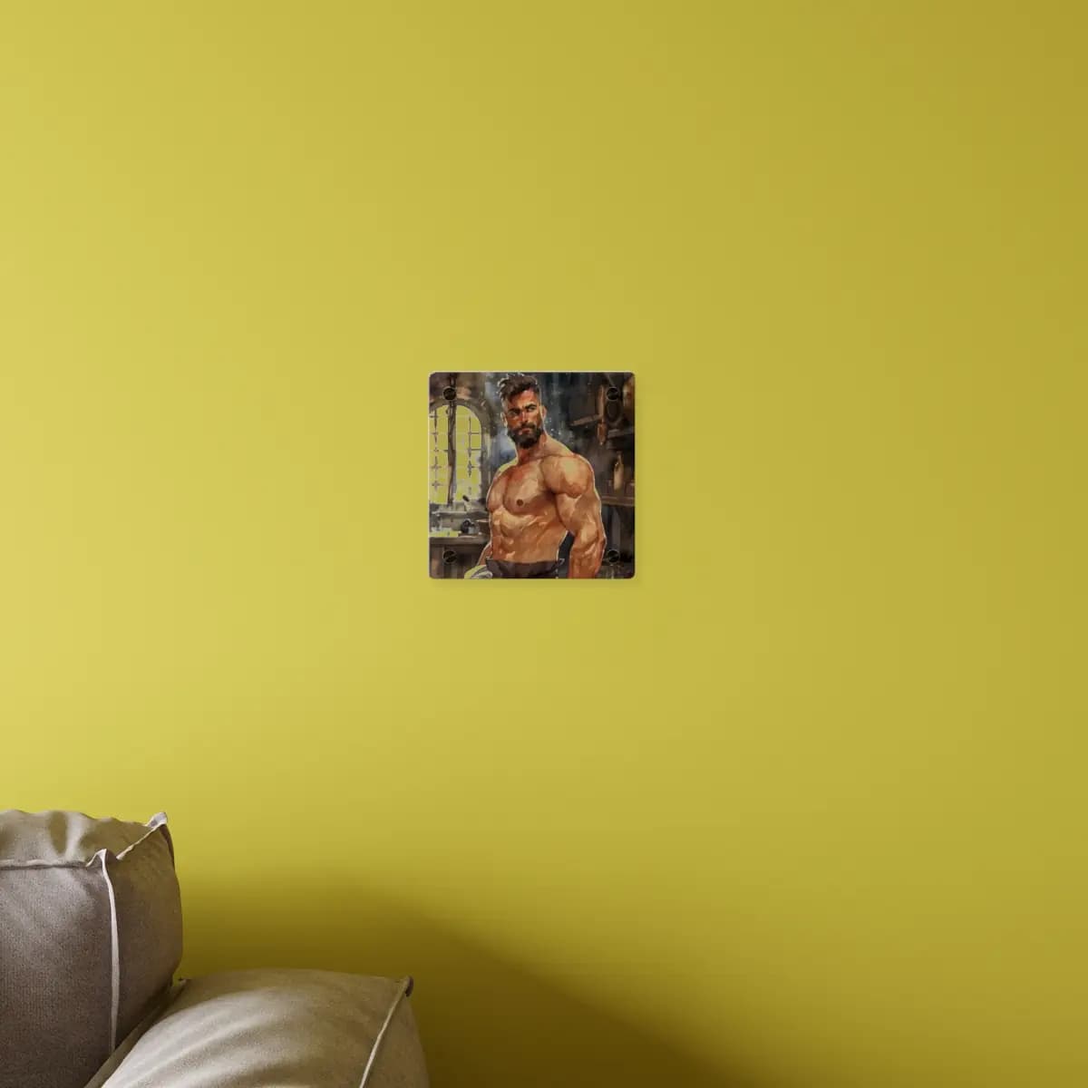 Muscular Bearded Man in a Medieval Workshop - Acrylic Wall Art Panels mockup angle 4