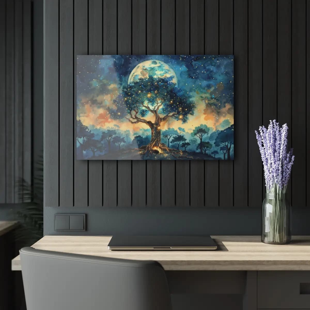 Ancient Tree Rising Beneath the Full Moon - Acrylic Prints (French Cleat Hanging) mockup angle 5