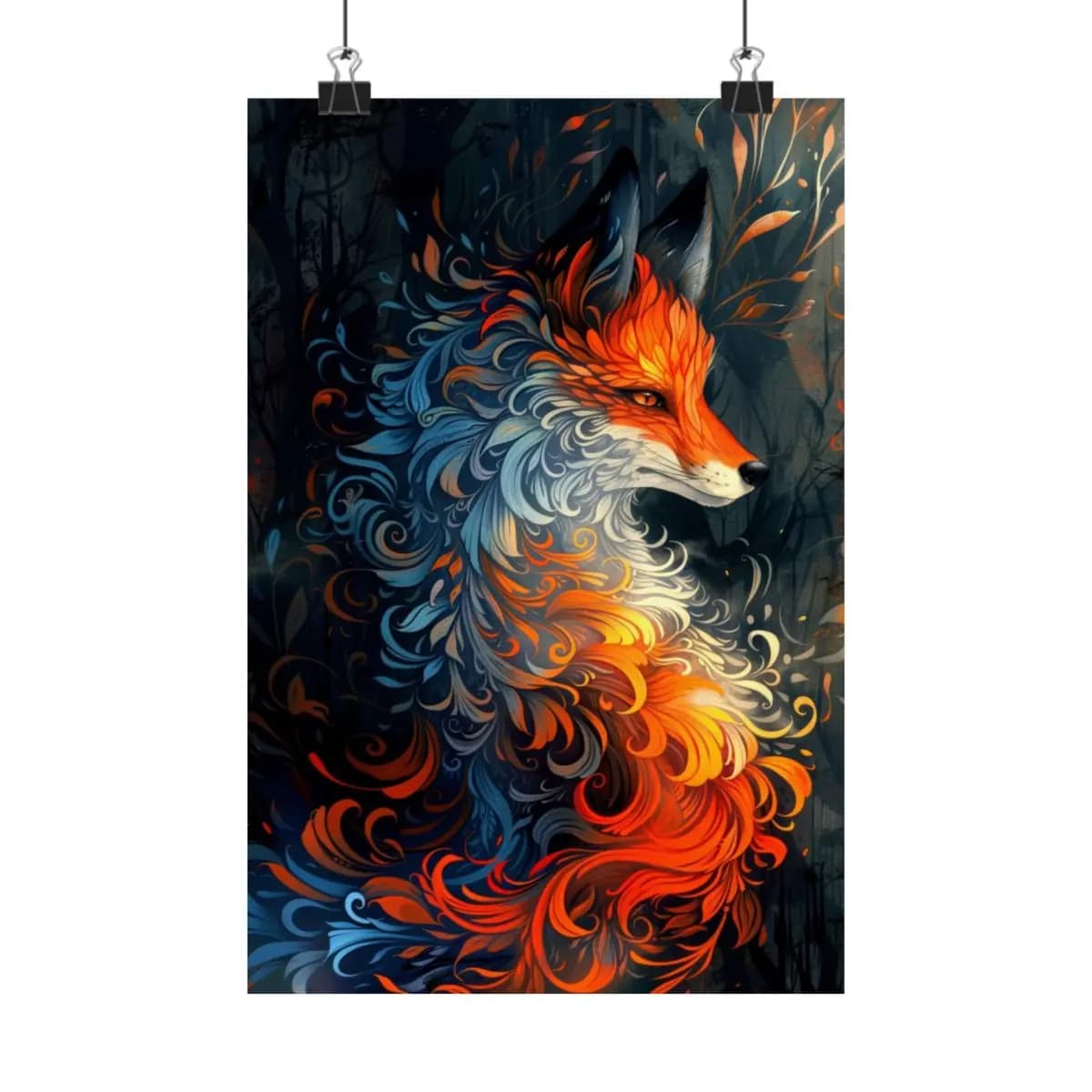 Ornamental Fire Fox of the Dark Forest - Matte Vertical Posters mockup angle 1