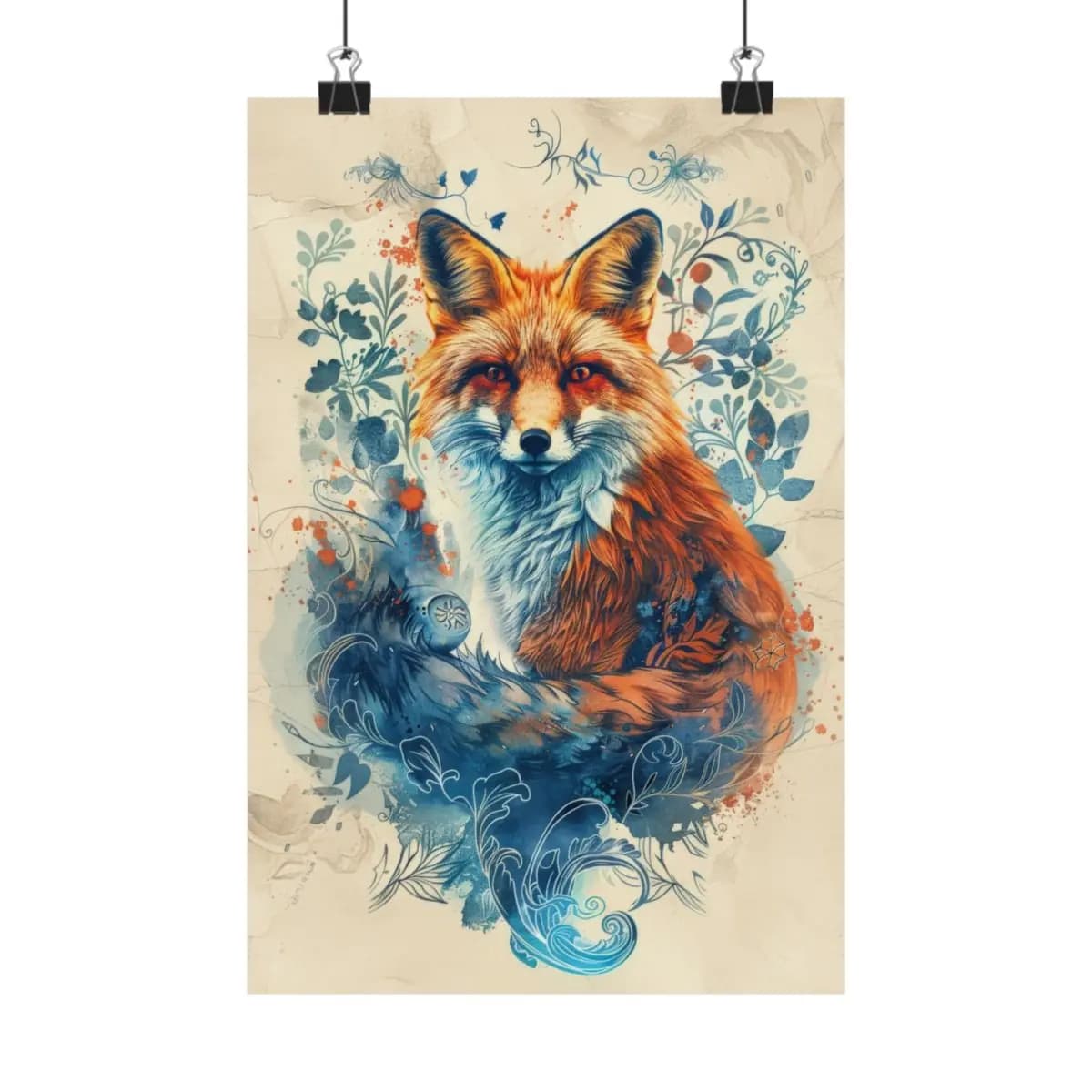 Enchanted Red Fox Among Blue Floral Ornaments - Matte Vertical Posters mockup angle 1