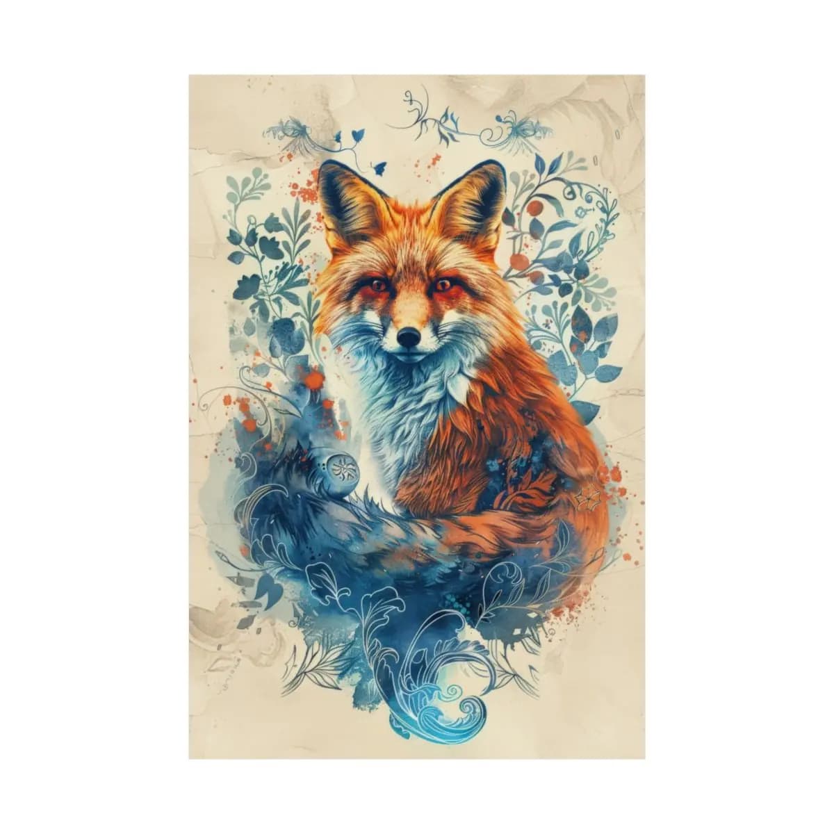Enchanted Red Fox Among Blue Floral Ornaments - Matte Vertical Posters mockup angle 2