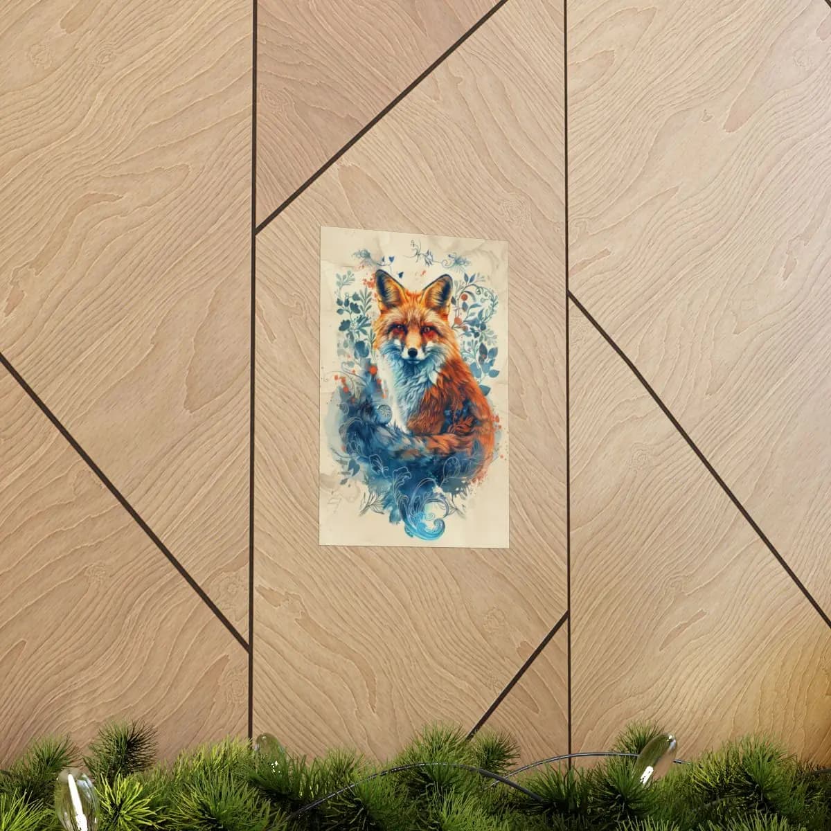 Enchanted Red Fox Among Blue Floral Ornaments - Matte Vertical Posters mockup angle 5