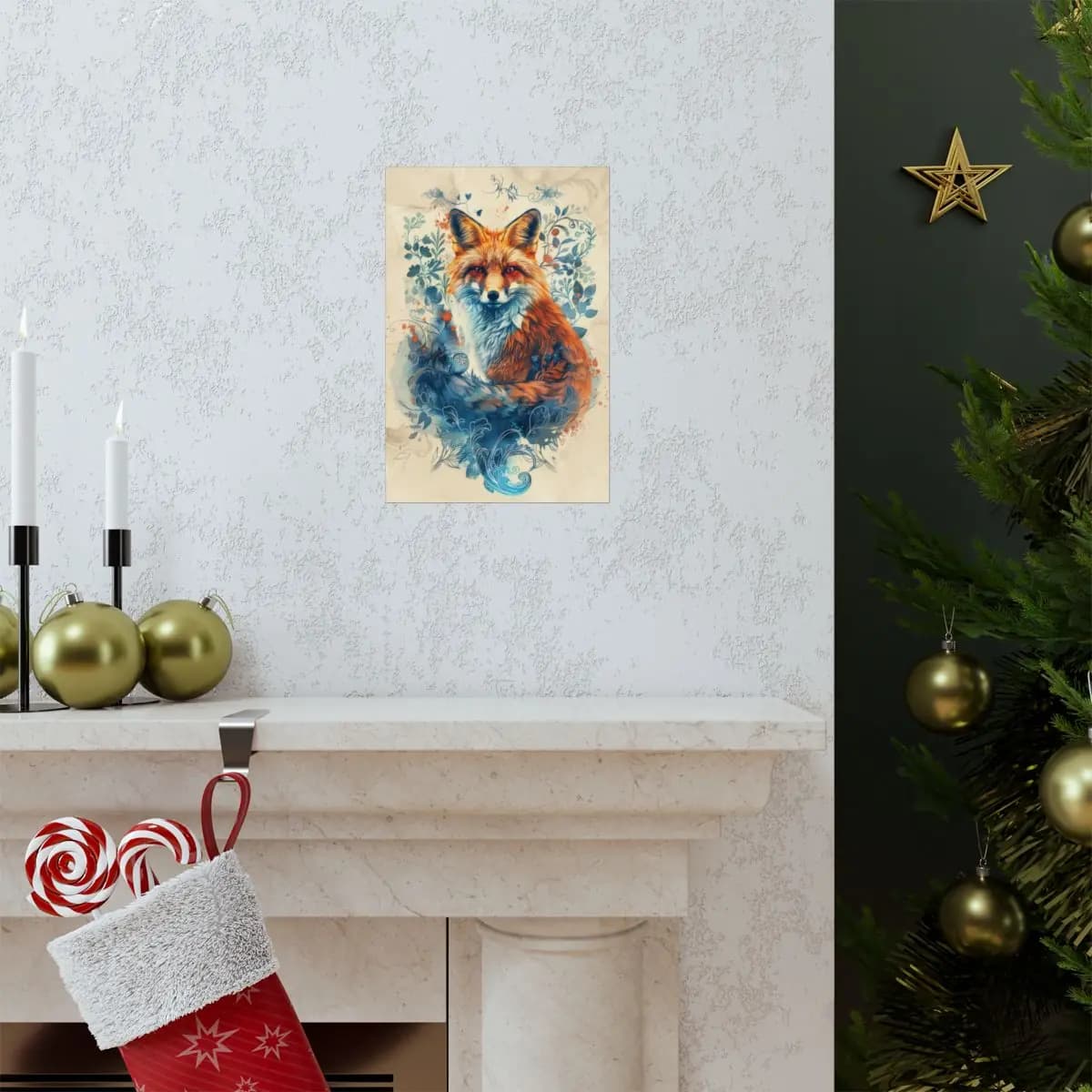 Enchanted Red Fox Among Blue Floral Ornaments - Matte Vertical Posters mockup angle 7