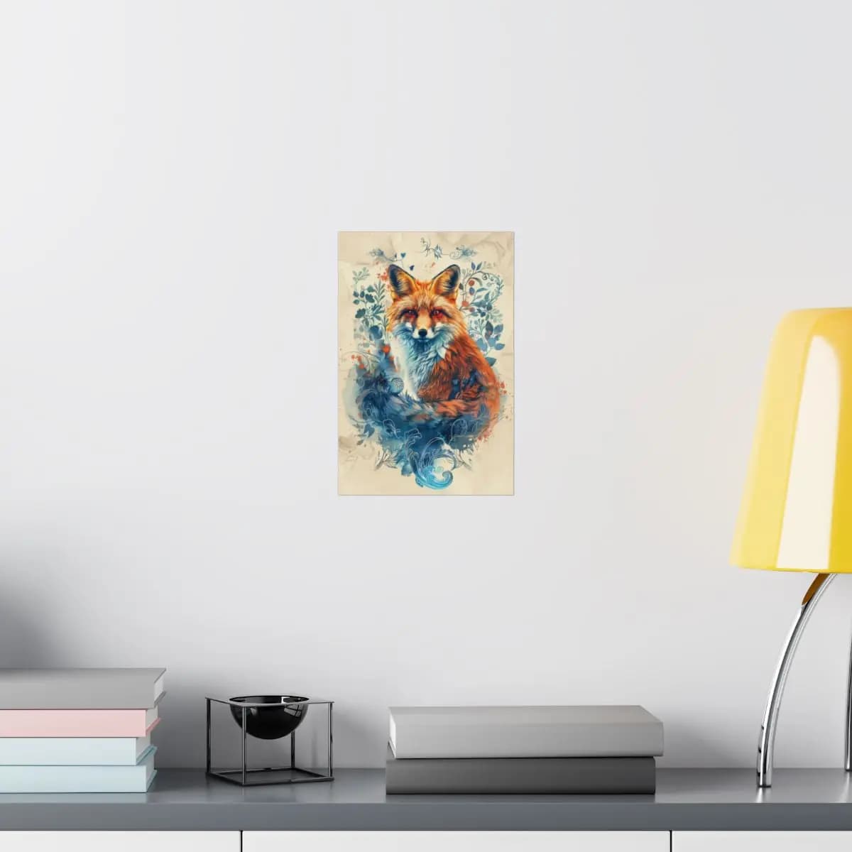 Enchanted Red Fox Among Blue Floral Ornaments - Matte Vertical Posters mockup angle 8