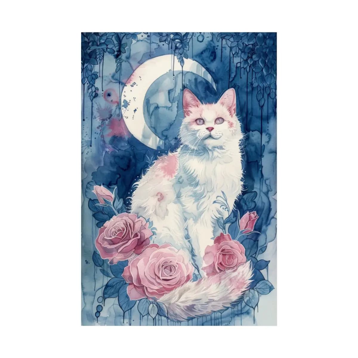White Cat and Roses Beneath the Crescent Moon - Matte Vertical Posters mockup angle 2