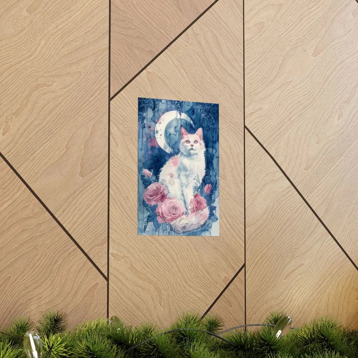 White Cat and Roses Beneath the Crescent Moon - Matte Vertical Posters mockup angle 5
