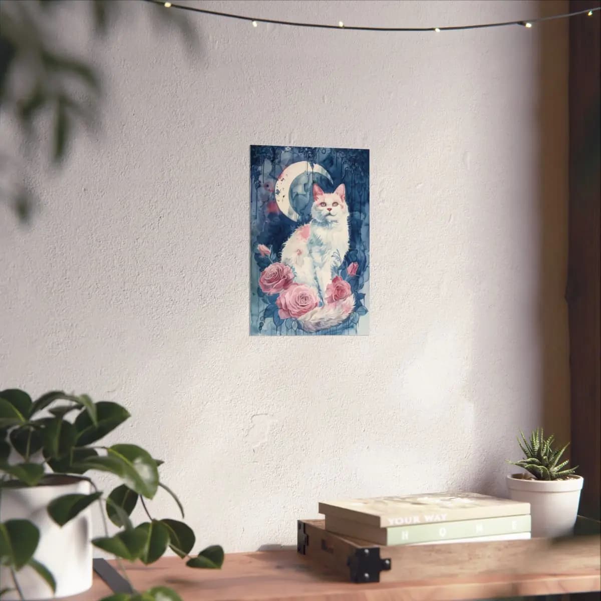 White Cat and Roses Beneath the Crescent Moon - Matte Vertical Posters mockup angle 6