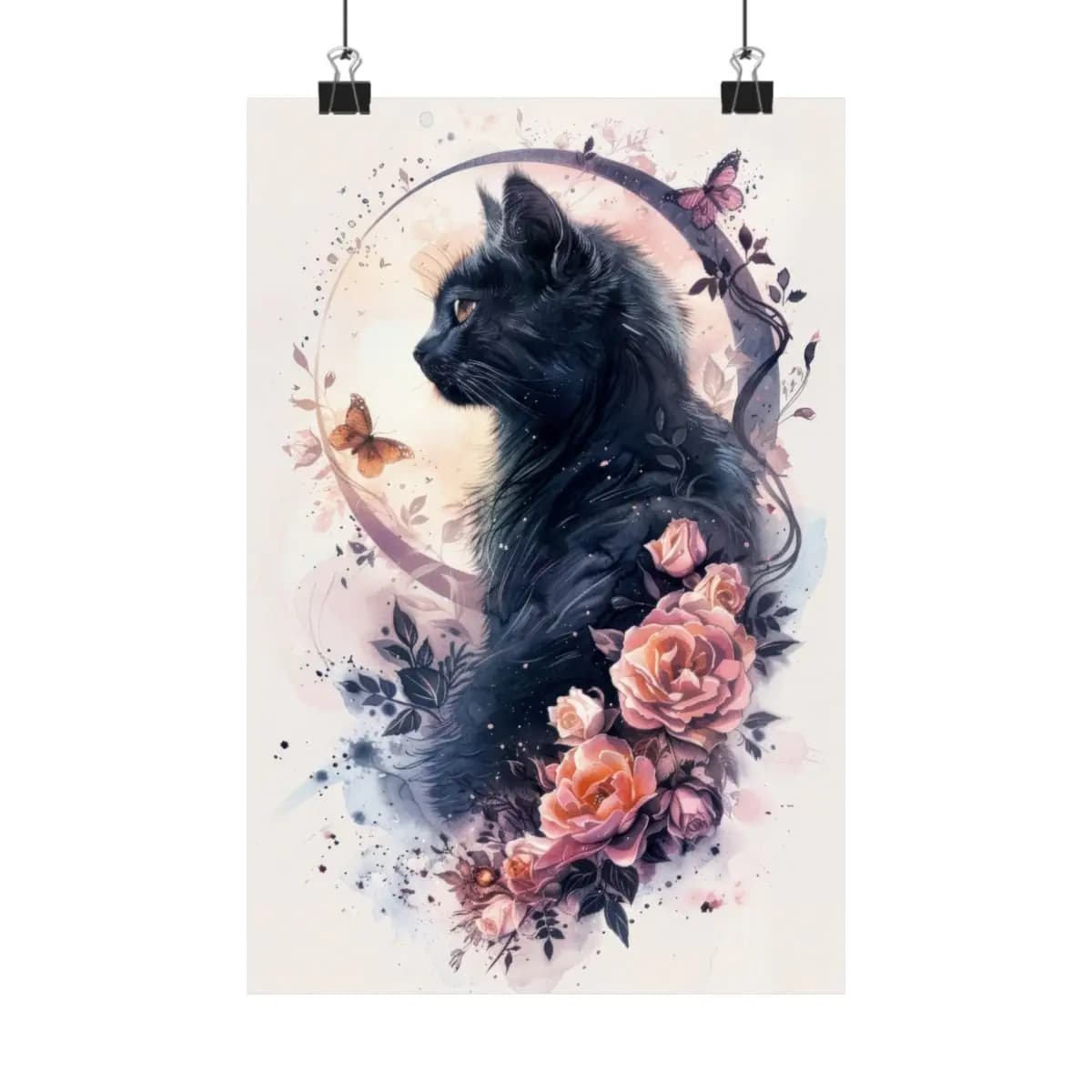 Black Cat and Roses in a Lunar Halo - Matte Vertical Posters mockup angle 1