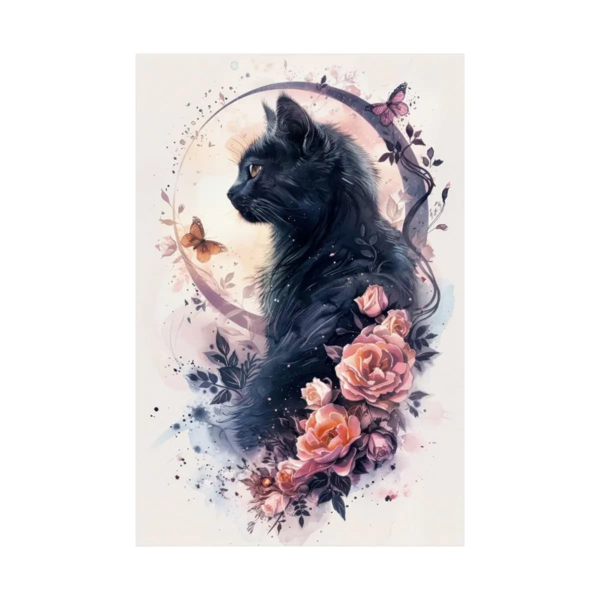 Black Cat and Roses in a Lunar Halo - Matte Vertical Posters mockup angle 2