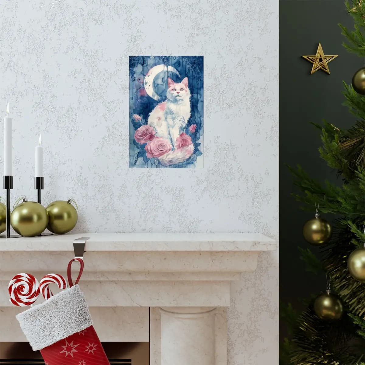 White Cat and Roses Beneath the Crescent Moon - Matte Vertical Posters mockup angle 7