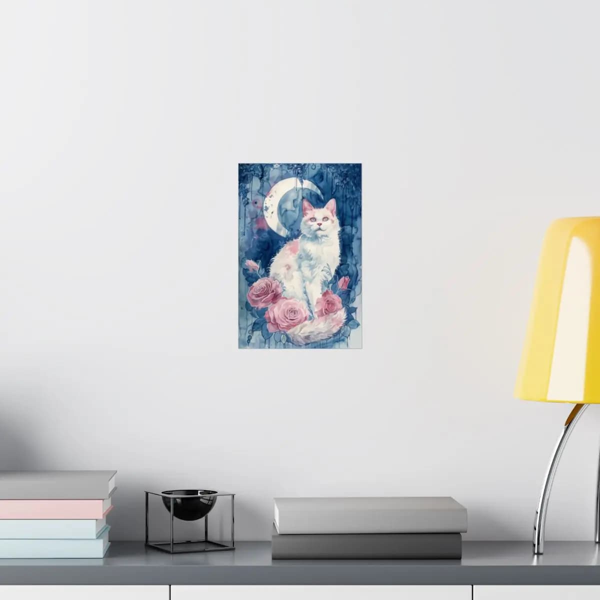 White Cat and Roses Beneath the Crescent Moon - Matte Vertical Posters mockup angle 8