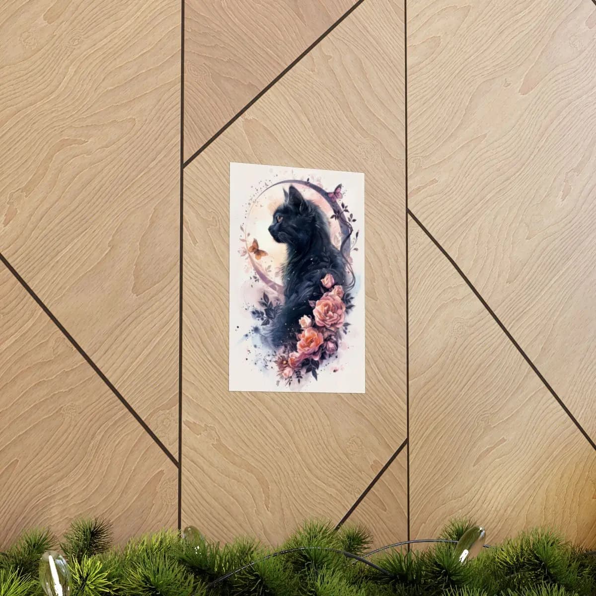Black Cat and Roses in a Lunar Halo - Matte Vertical Posters mockup angle 5