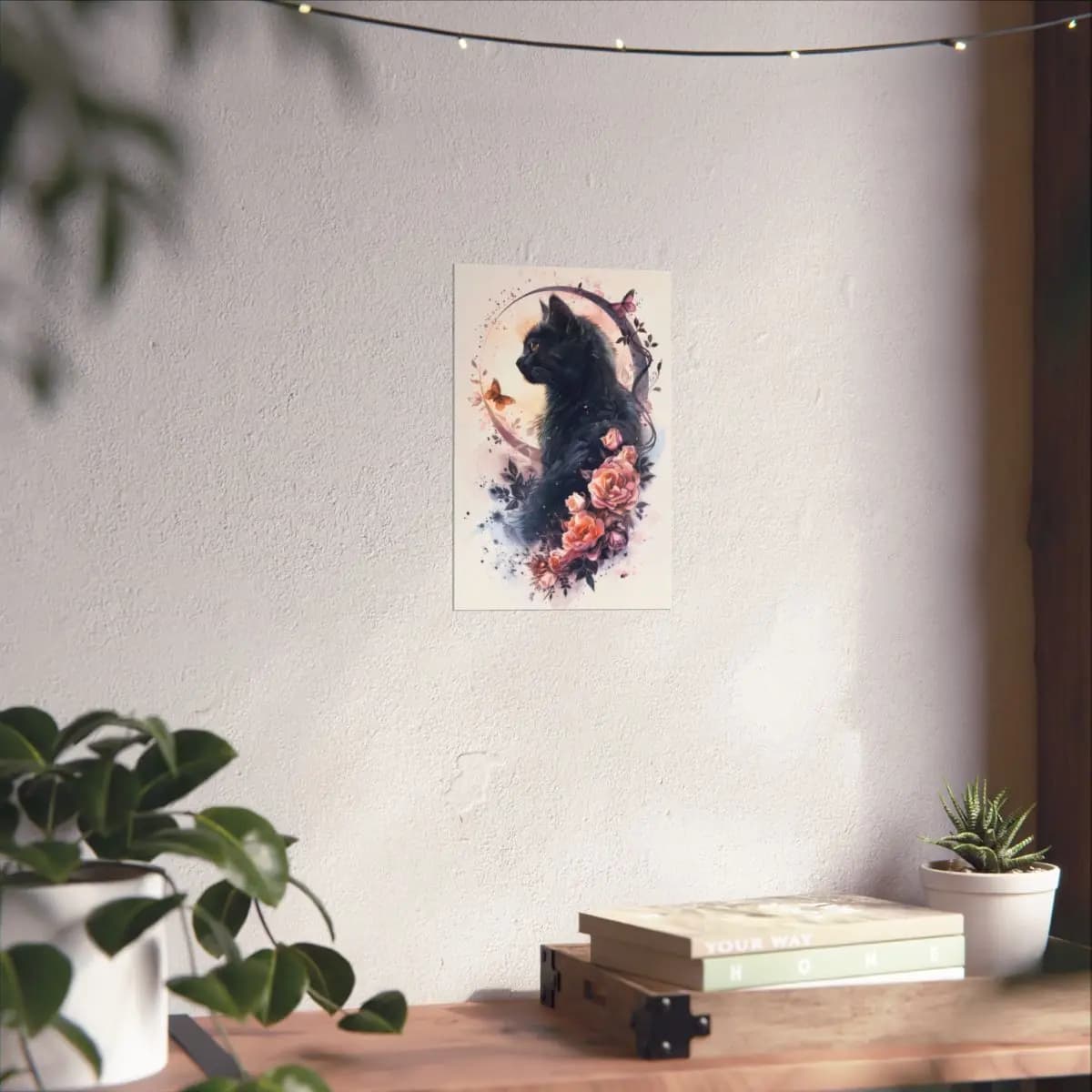 Black Cat and Roses in a Lunar Halo - Matte Vertical Posters mockup angle 6