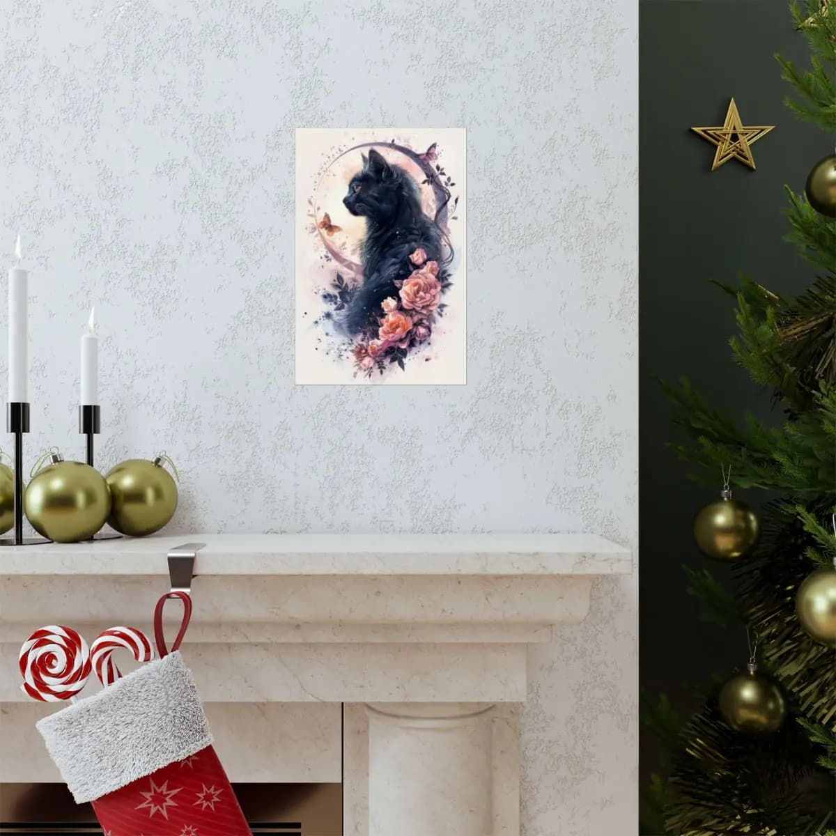 Black Cat and Roses in a Lunar Halo - Matte Vertical Posters mockup angle 7