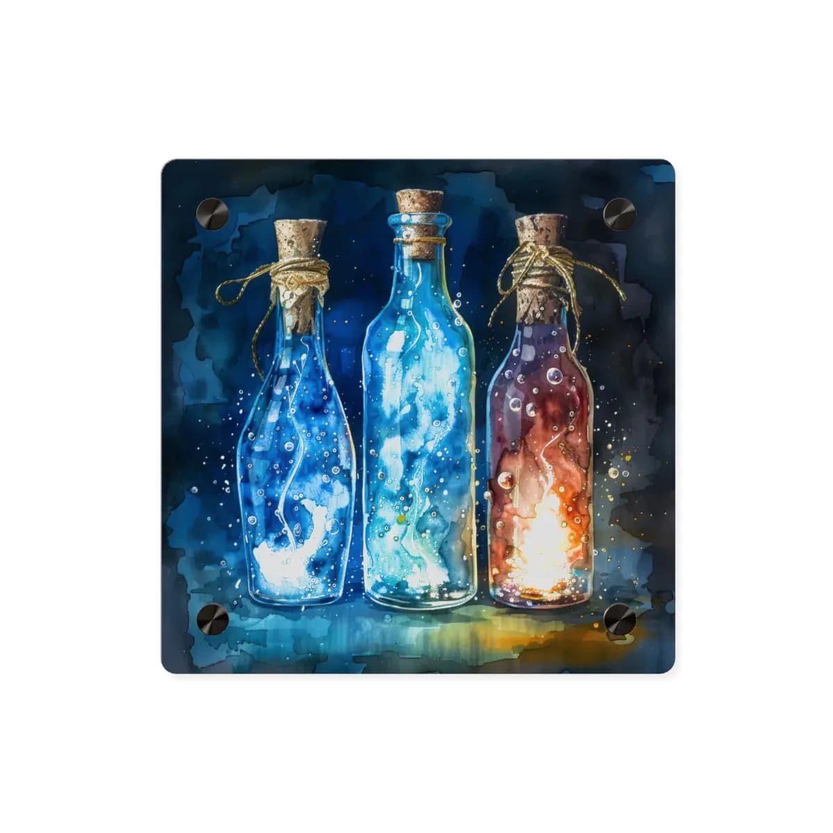 Three Enchanted Potion Bottles Glowing in the Dark - Acrylic Wall Art Panels mockup angle 1