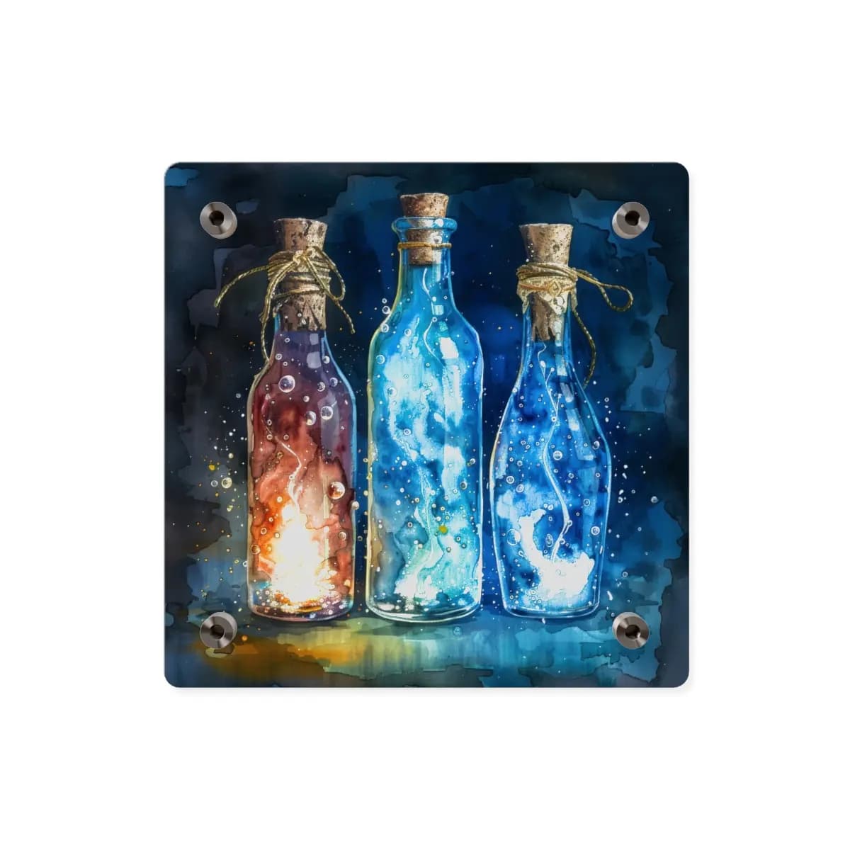 Three Enchanted Potion Bottles Glowing in the Dark - Acrylic Wall Art Panels mockup angle 2