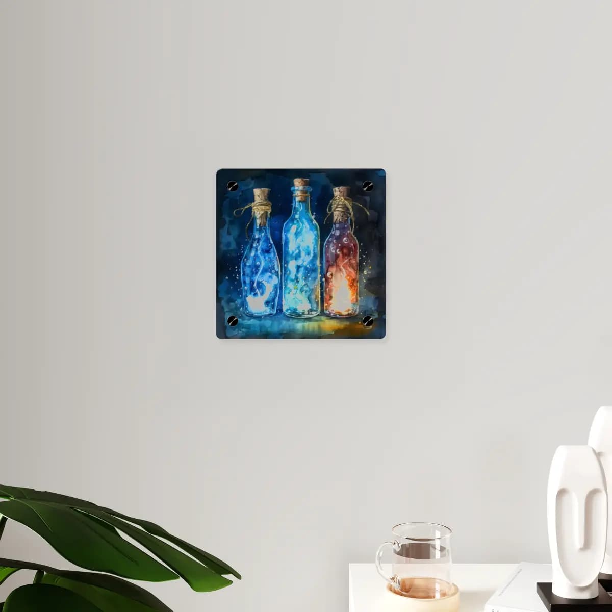 Three Enchanted Potion Bottles Glowing in the Dark - Acrylic Wall Art Panels mockup angle 3