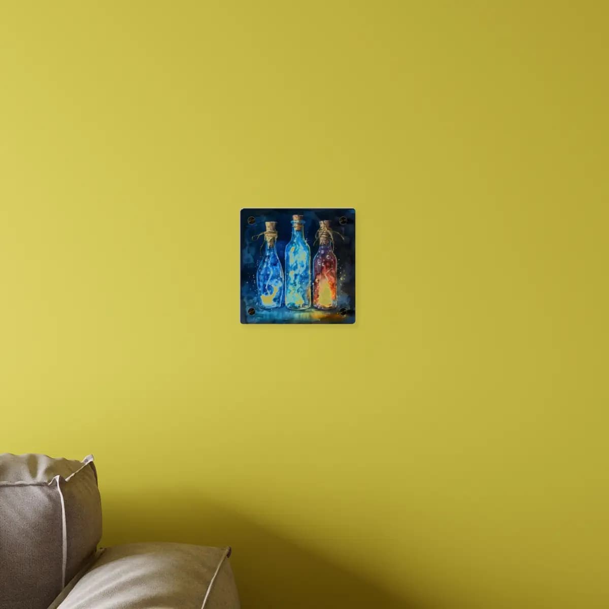 Three Enchanted Potion Bottles Glowing in the Dark - Acrylic Wall Art Panels mockup angle 4