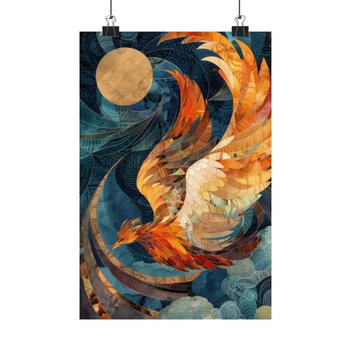 Phoenix in Flight Beneath the Golden Moon - Matte Vertical Posters mockup angle 1