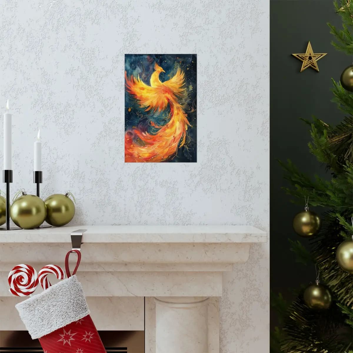 Blazing Phoenix Rising Through the Starlit Night - Matte Vertical Posters mockup angle 7