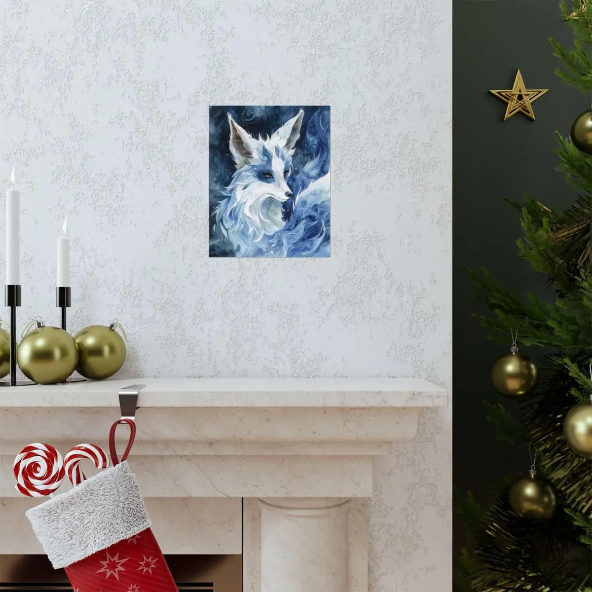 Celestial White Fox of Frost and Stars - Matte Vertical Posters mockup angle 7