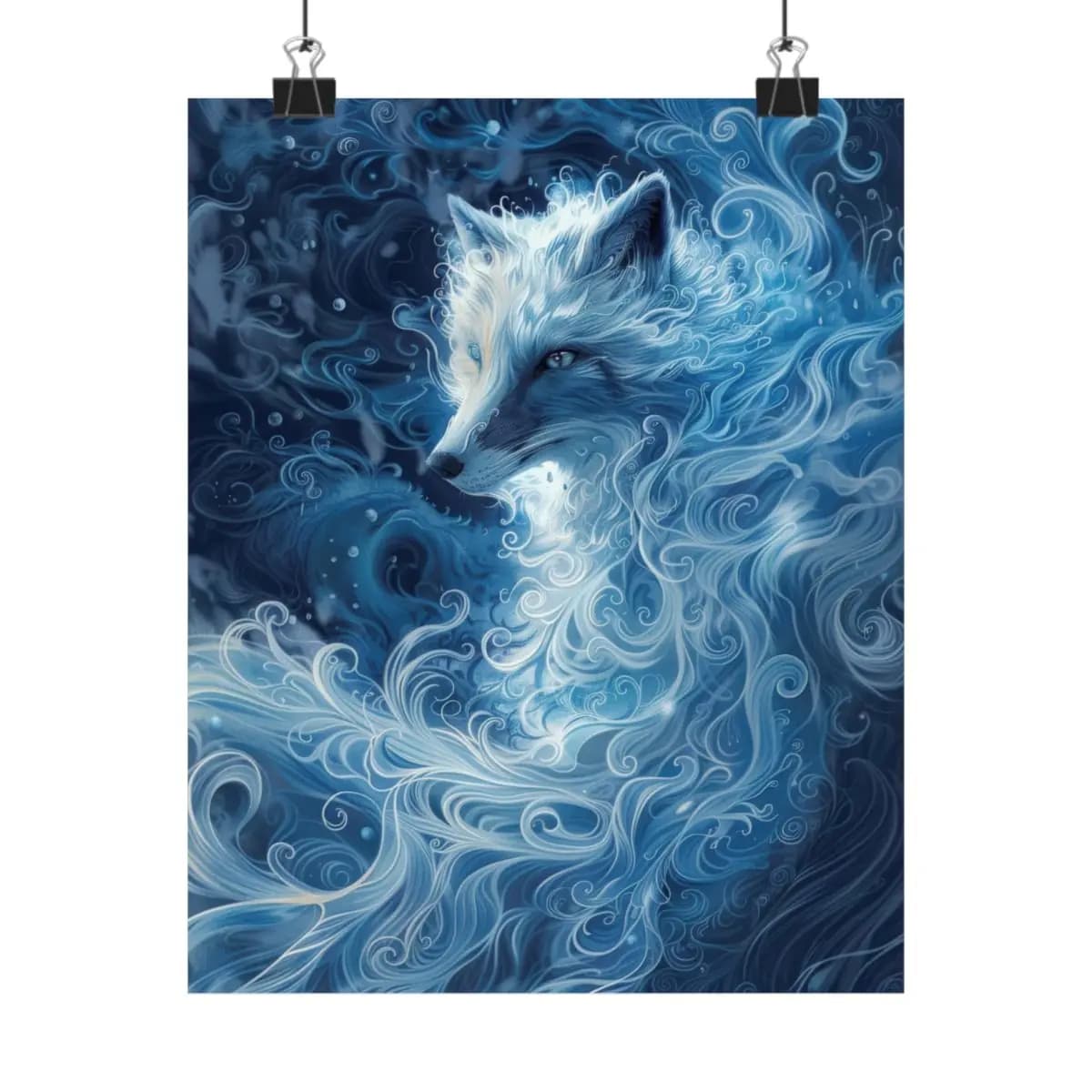 Arctic Fox Dissolving into Blue Frost Swirls - Matte Vertical Posters mockup angle 1