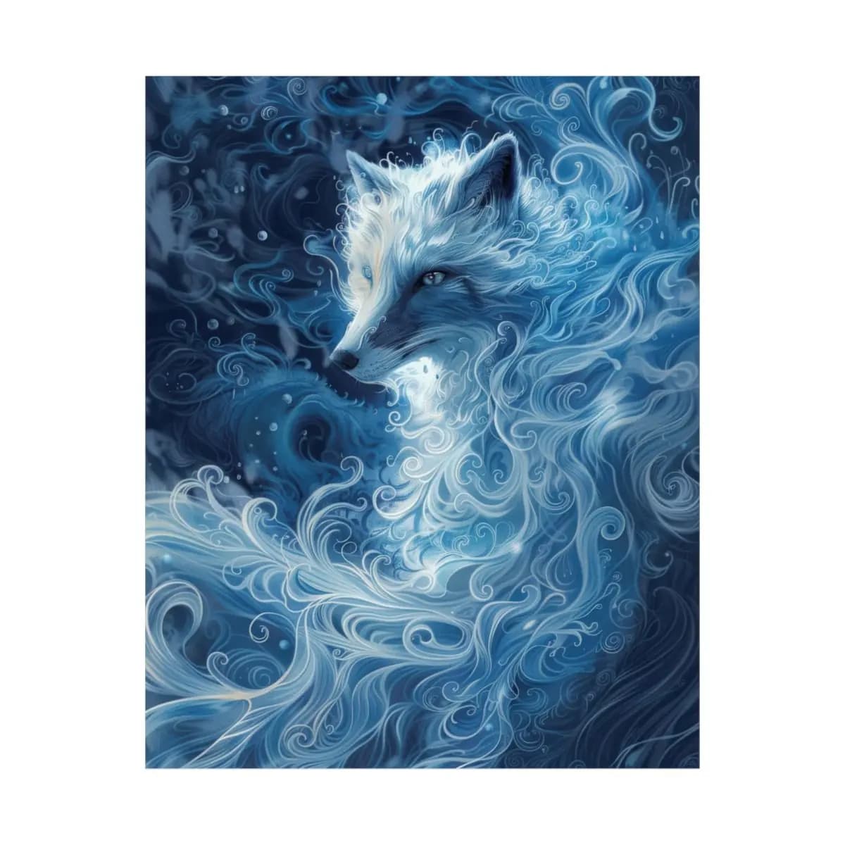 Arctic Fox Dissolving into Blue Frost Swirls - Matte Vertical Posters mockup angle 2