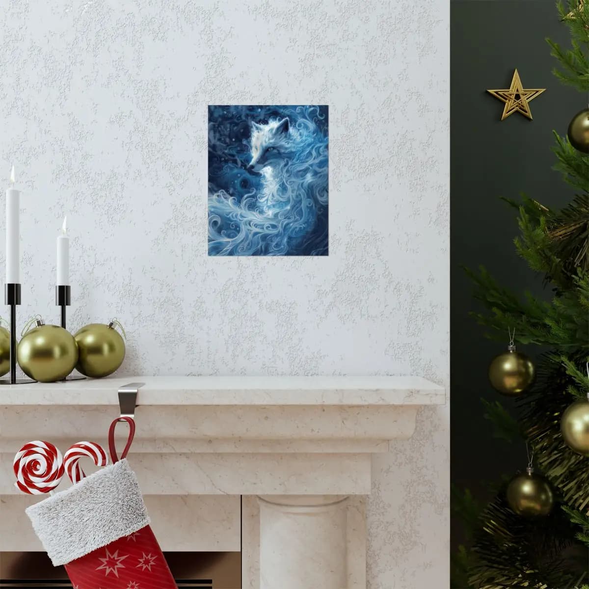Arctic Fox Dissolving into Blue Frost Swirls - Matte Vertical Posters mockup angle 7