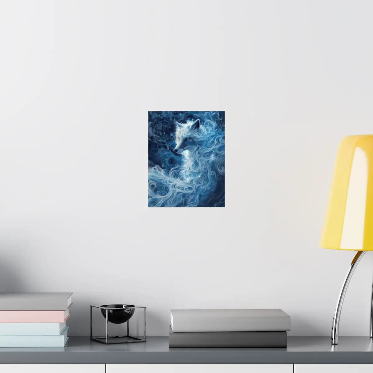 Arctic Fox Dissolving into Blue Frost Swirls - Matte Vertical Posters mockup angle 8