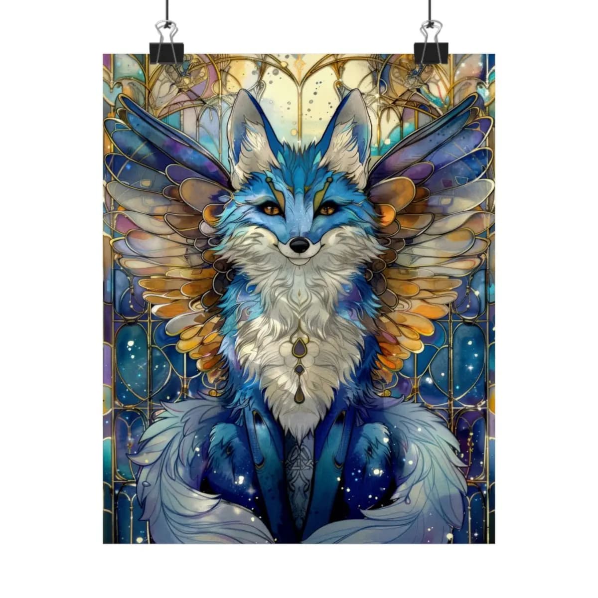 Celestial Winged Fox in Stained Glass Splendor - Matte Vertical Posters mockup angle 1