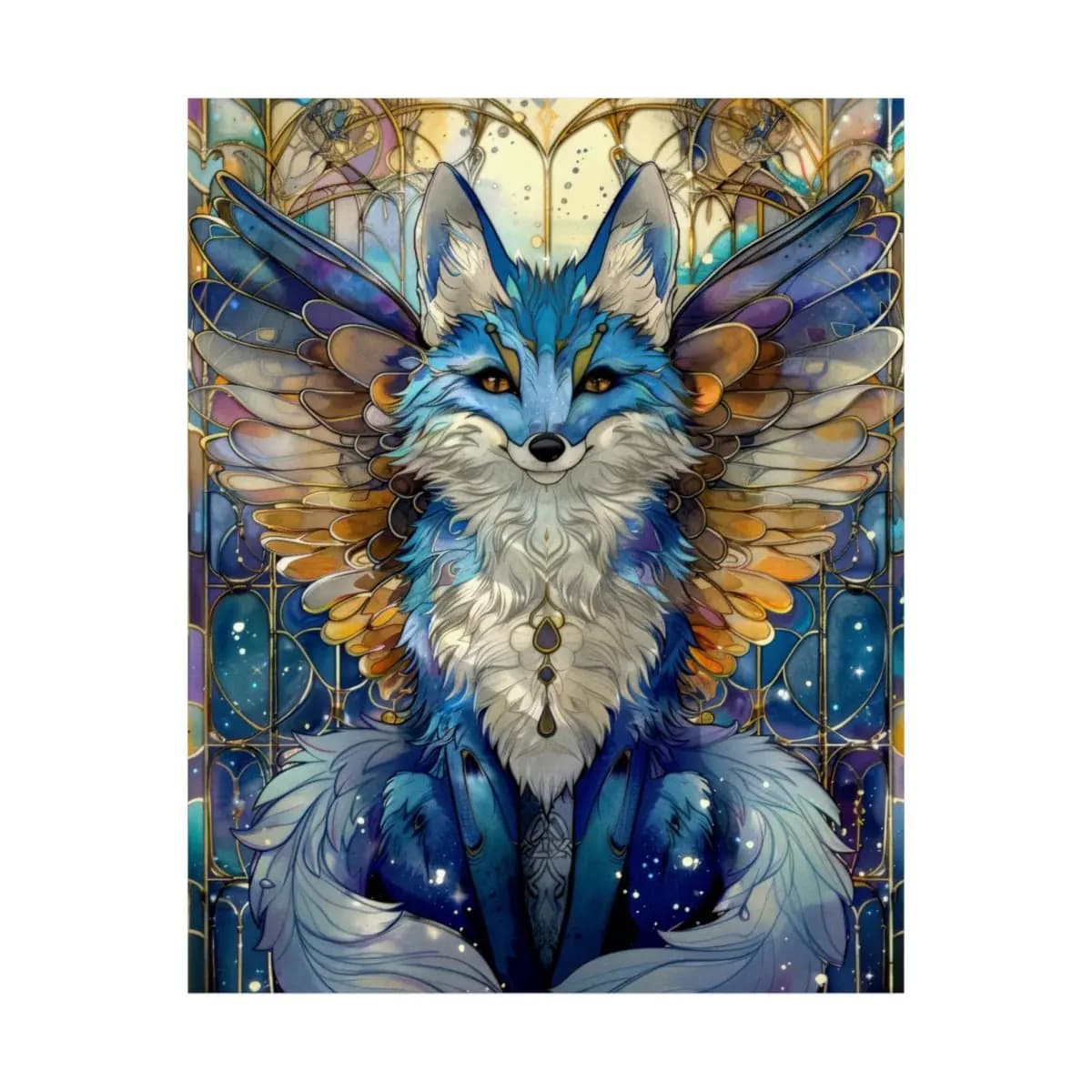Celestial Winged Fox in Stained Glass Splendor - Matte Vertical Posters mockup angle 2