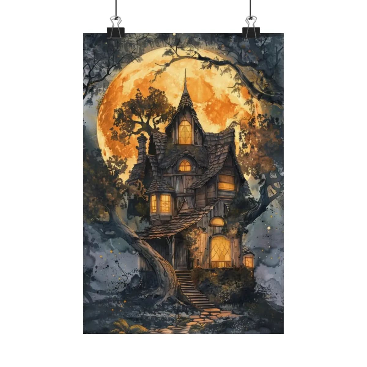 Enchanted Wooden House Beneath the Amber Moon - Matte Vertical Posters mockup angle 1