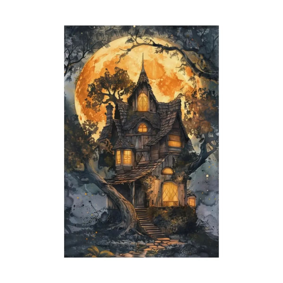 Enchanted Wooden House Beneath the Amber Moon - Matte Vertical Posters mockup angle 2