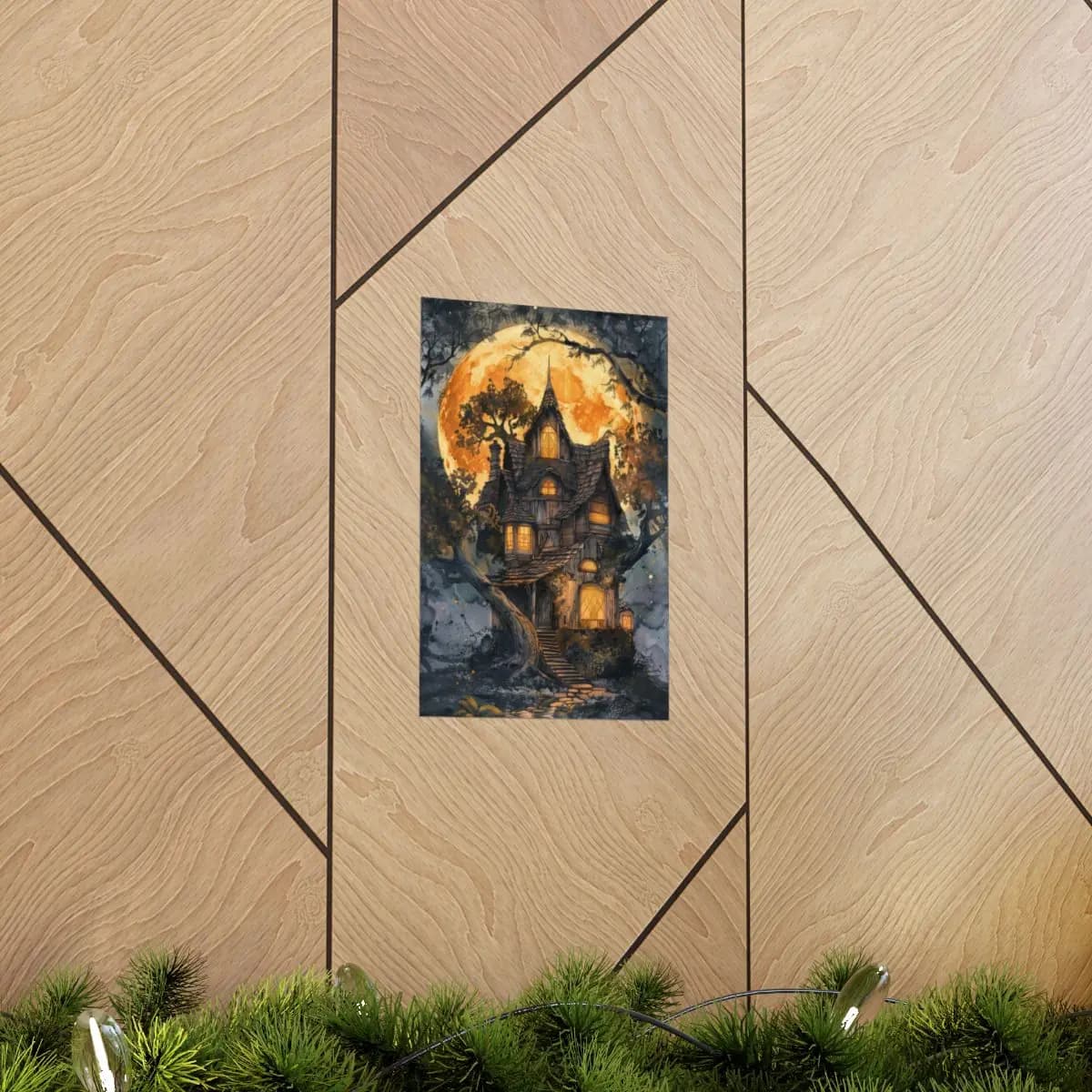 Enchanted Wooden House Beneath the Amber Moon - Matte Vertical Posters mockup angle 5