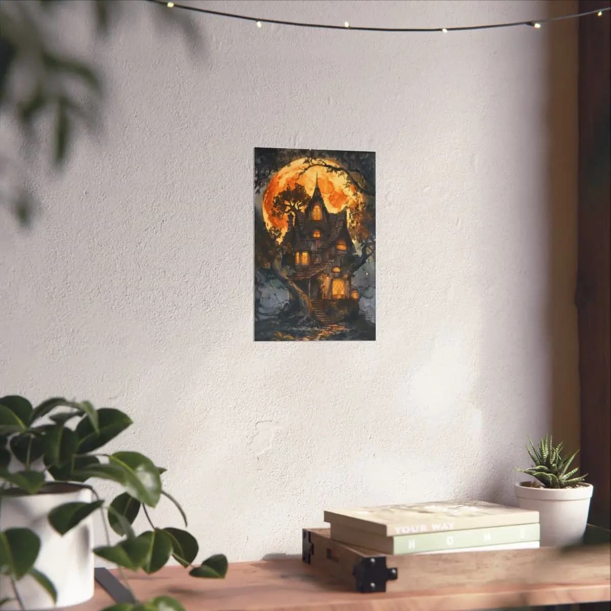 Enchanted Wooden House Beneath the Amber Moon - Matte Vertical Posters mockup angle 6