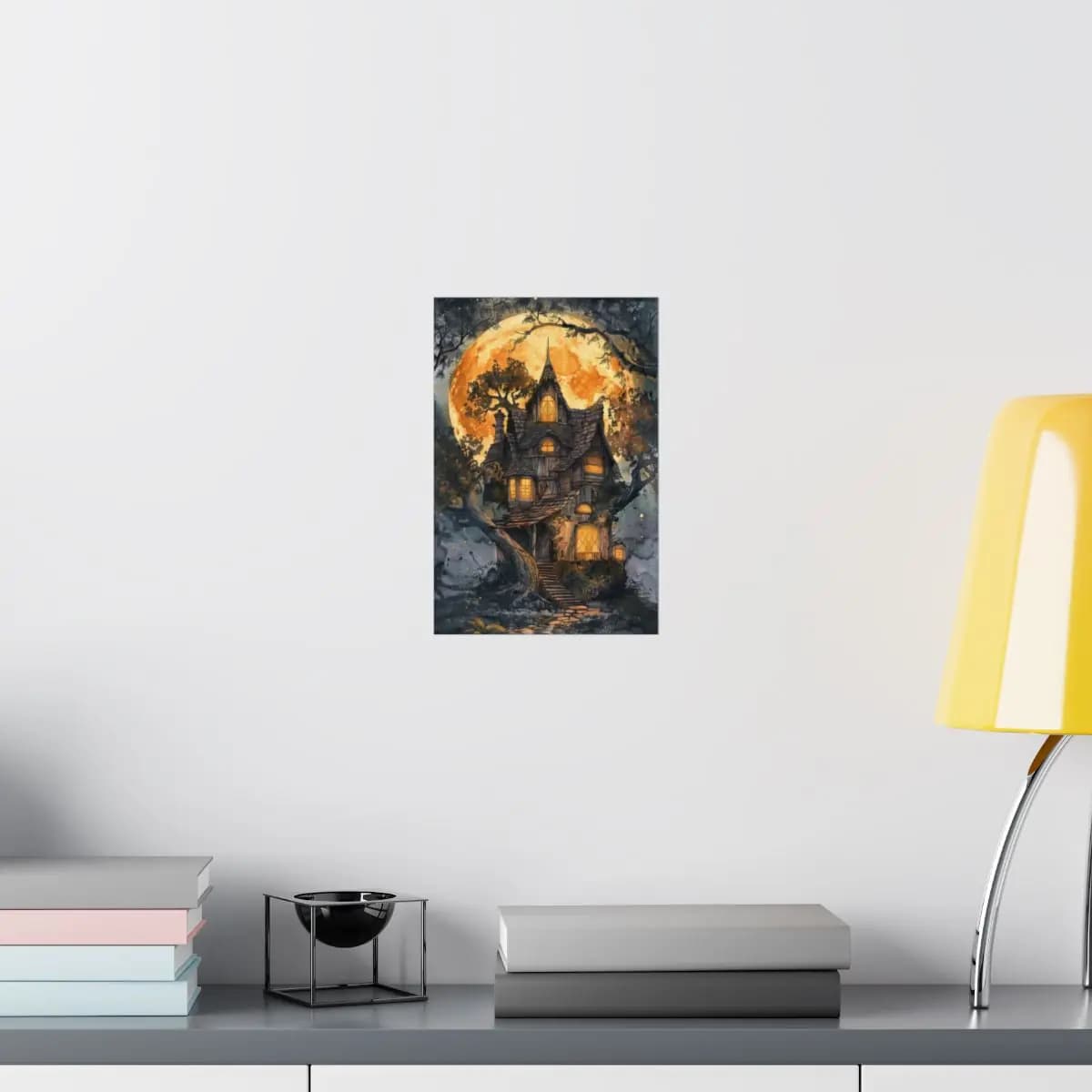 Enchanted Wooden House Beneath the Amber Moon - Matte Vertical Posters mockup angle 8