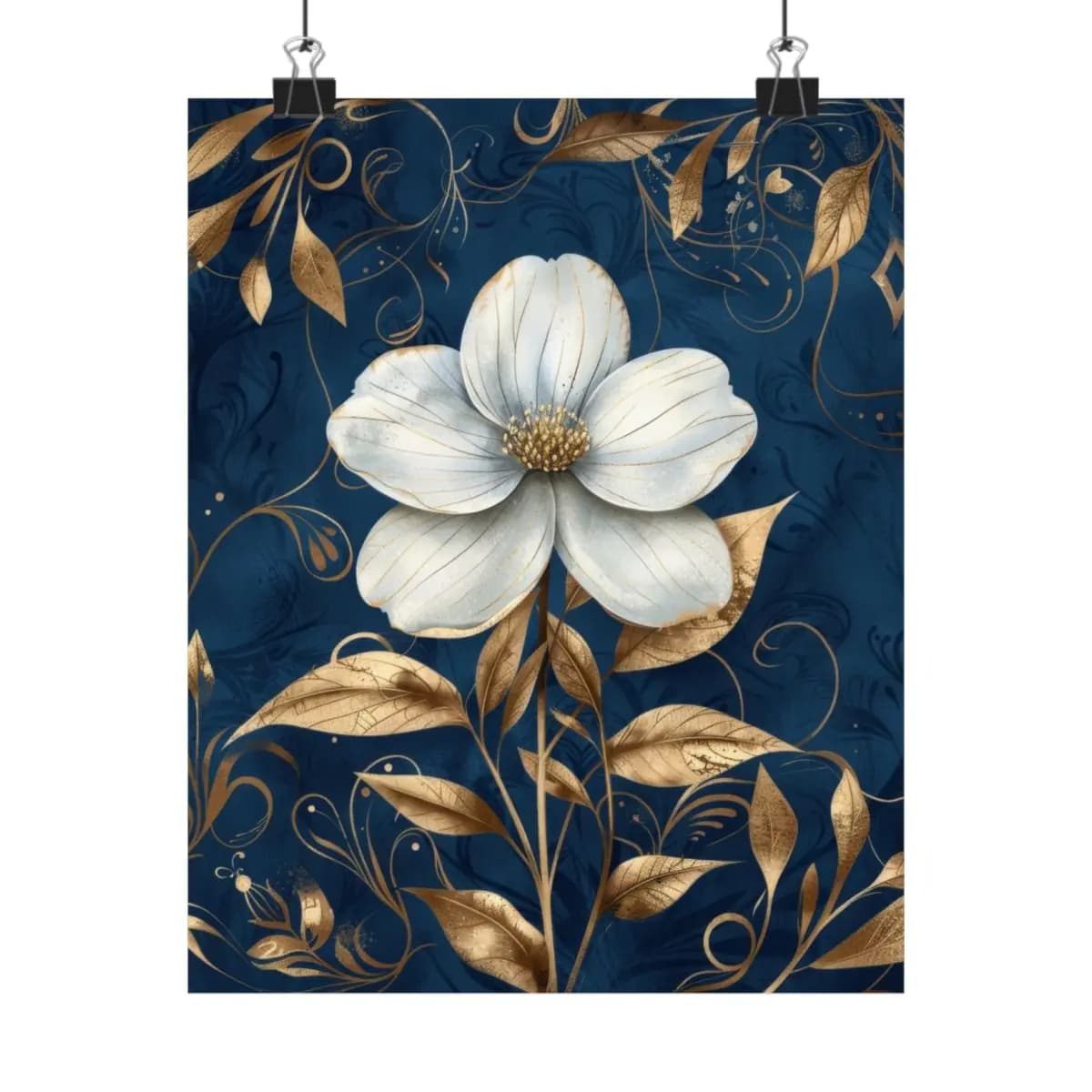 White Flower and Golden Foliage on Deep Blue - Matte Vertical Posters mockup angle 1