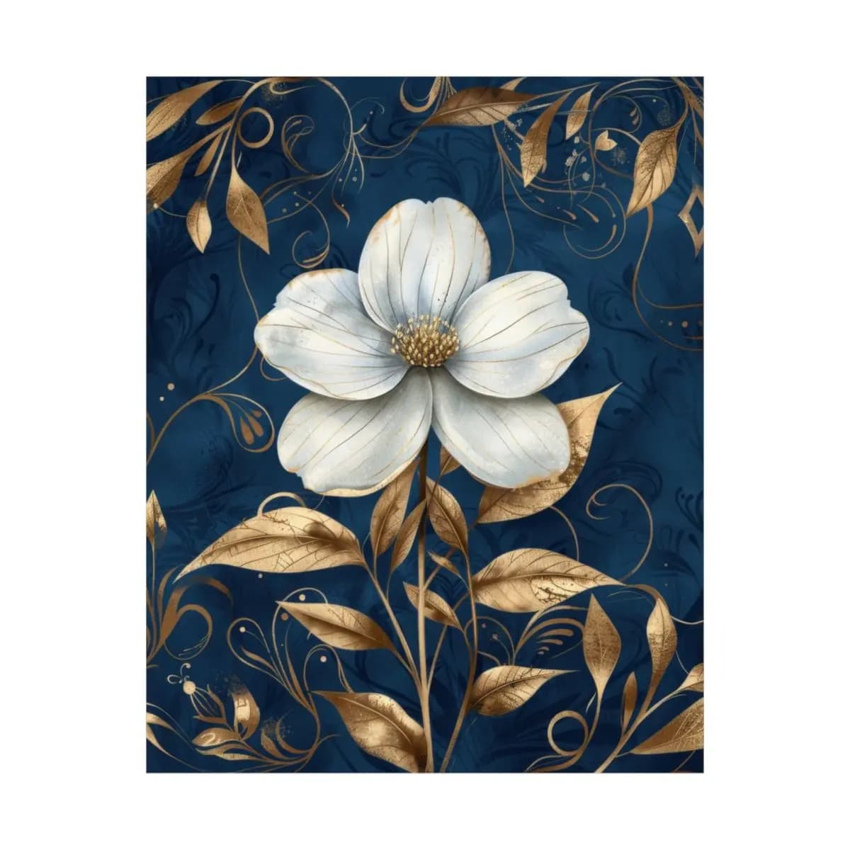 White Flower and Golden Foliage on Deep Blue - Matte Vertical Posters mockup angle 2