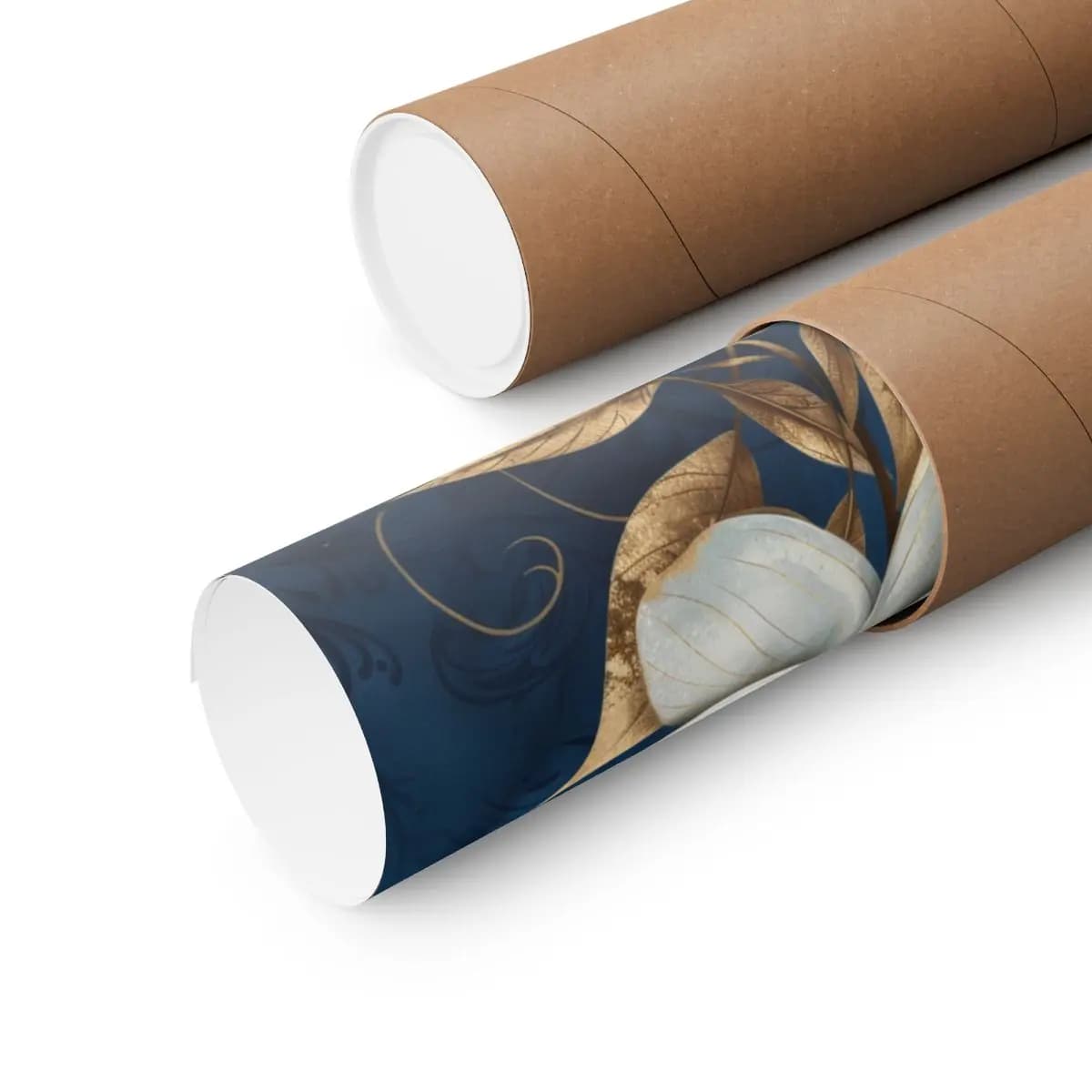 White Flower and Golden Foliage on Deep Blue - Matte Vertical Posters mockup angle 3