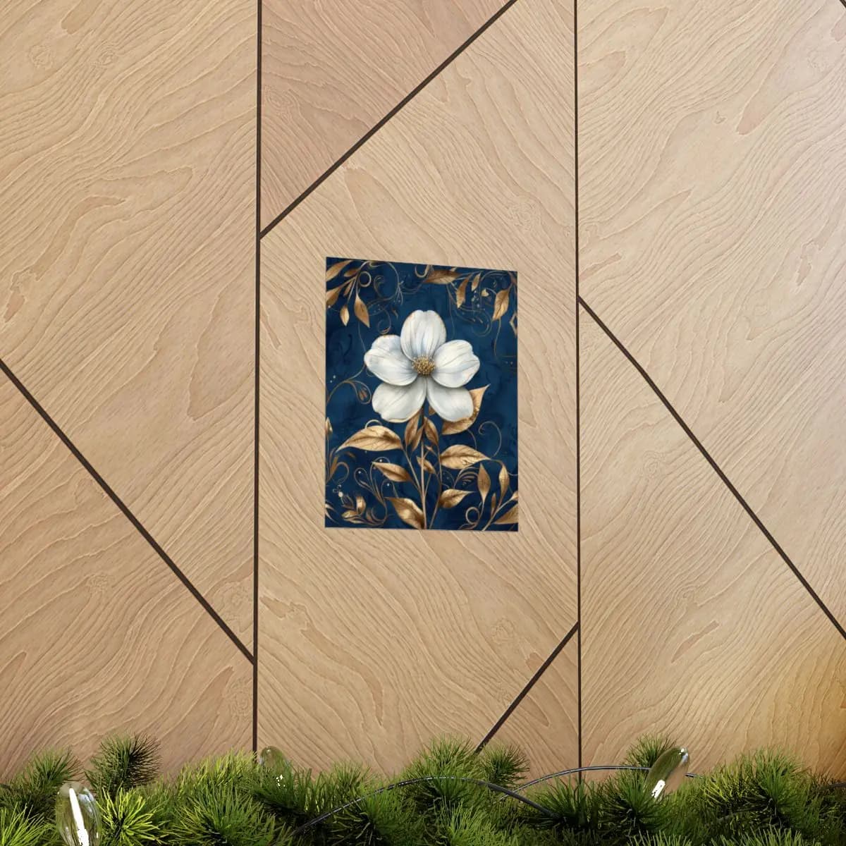 White Flower and Golden Foliage on Deep Blue - Matte Vertical Posters mockup angle 5