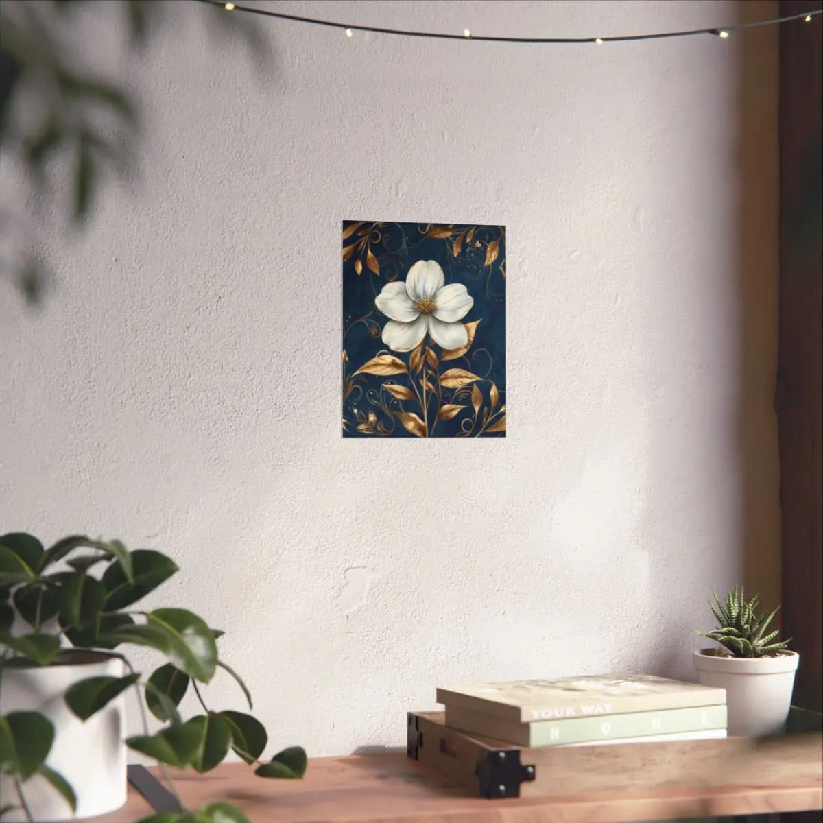 White Flower and Golden Foliage on Deep Blue - Matte Vertical Posters mockup angle 6
