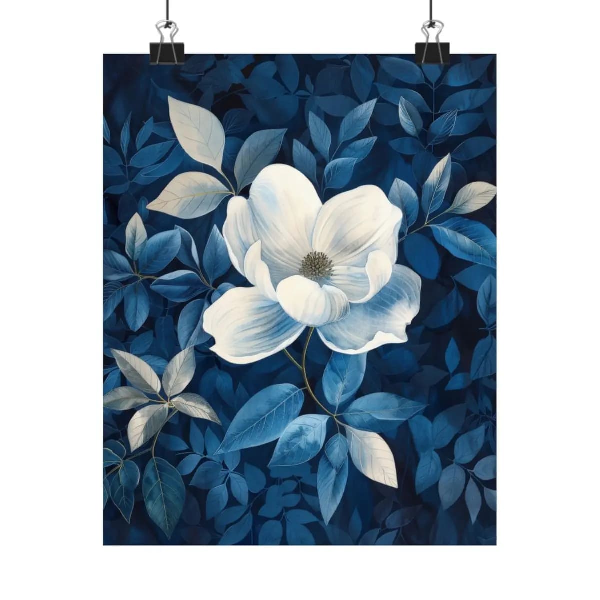 White Magnolia Blooming Among Deep Blue Leaves - Matte Vertical Posters mockup angle 1