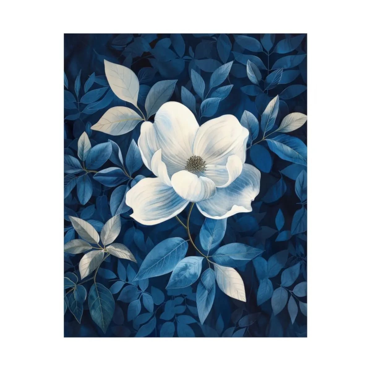White Magnolia Blooming Among Deep Blue Leaves - Matte Vertical Posters mockup angle 2