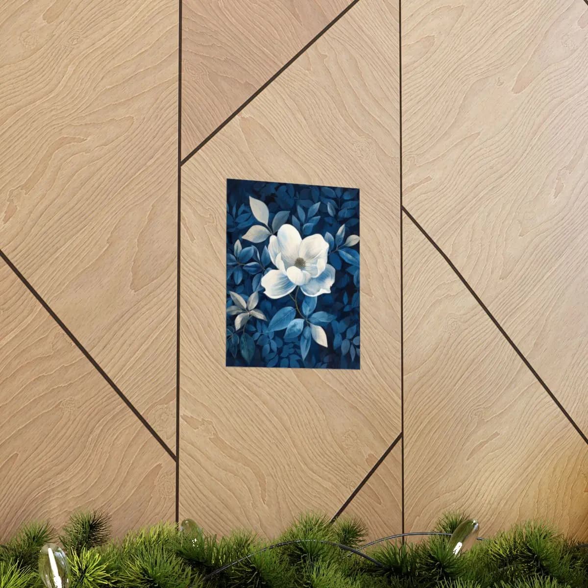 White Magnolia Blooming Among Deep Blue Leaves - Matte Vertical Posters mockup angle 5