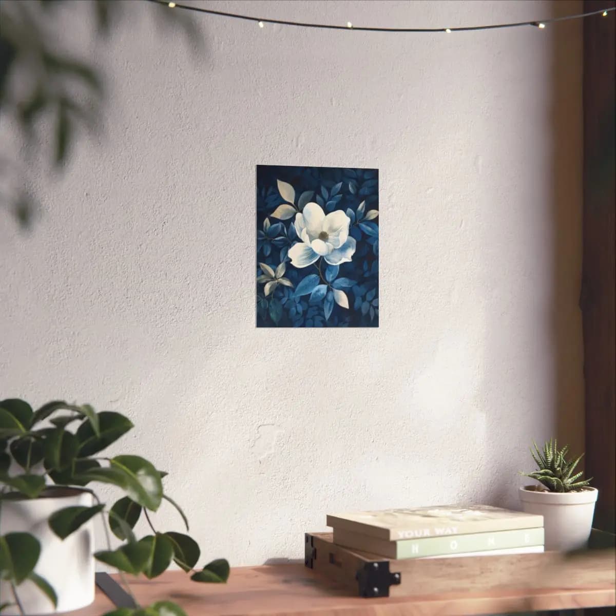 White Magnolia Blooming Among Deep Blue Leaves - Matte Vertical Posters mockup angle 6