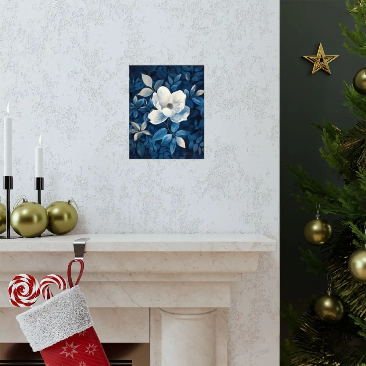 White Magnolia Blooming Among Deep Blue Leaves - Matte Vertical Posters mockup angle 7