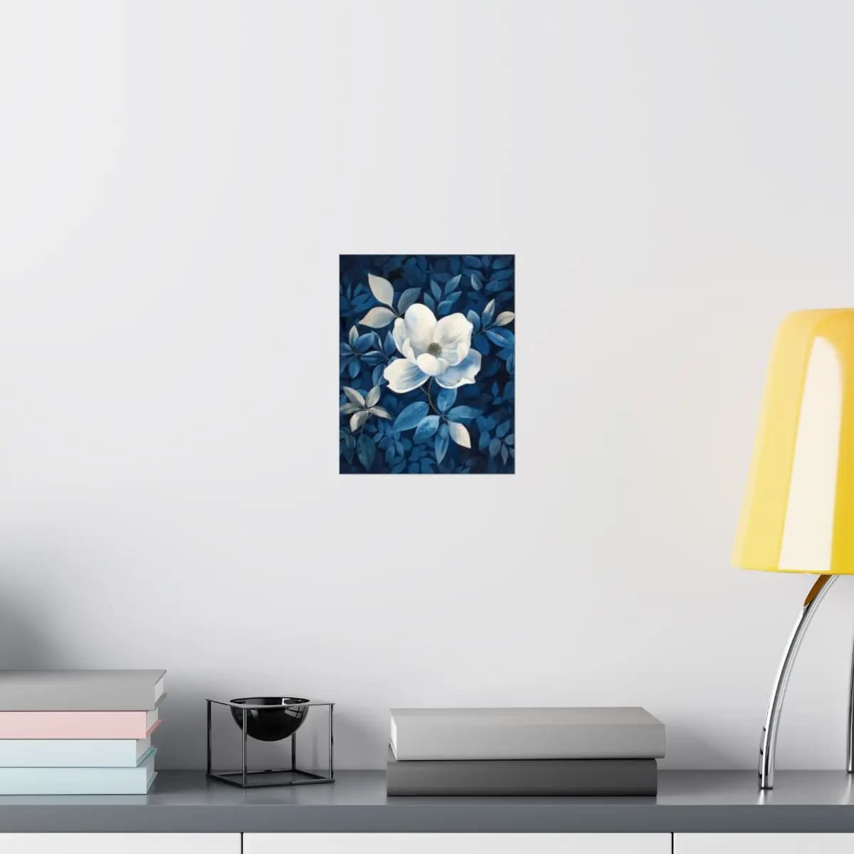 White Magnolia Blooming Among Deep Blue Leaves - Matte Vertical Posters mockup angle 8