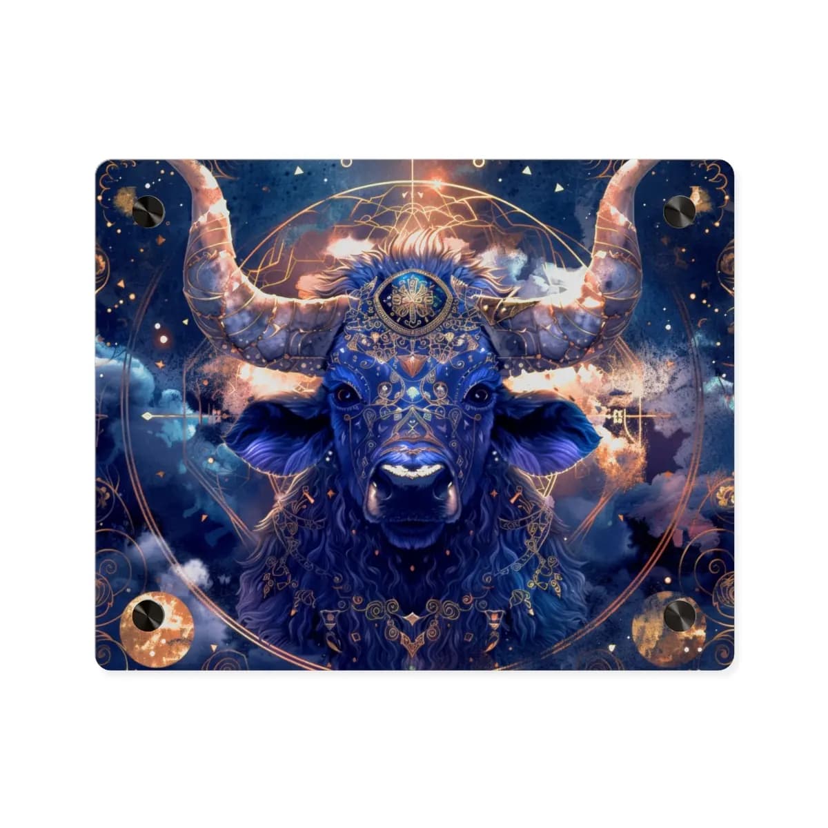 Celestial Bull Adorned in Golden Ornaments - Acrylic Wall Art Panels mockup angle 1