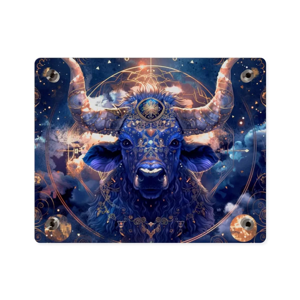 Celestial Bull Adorned in Golden Ornaments - Acrylic Wall Art Panels mockup angle 2